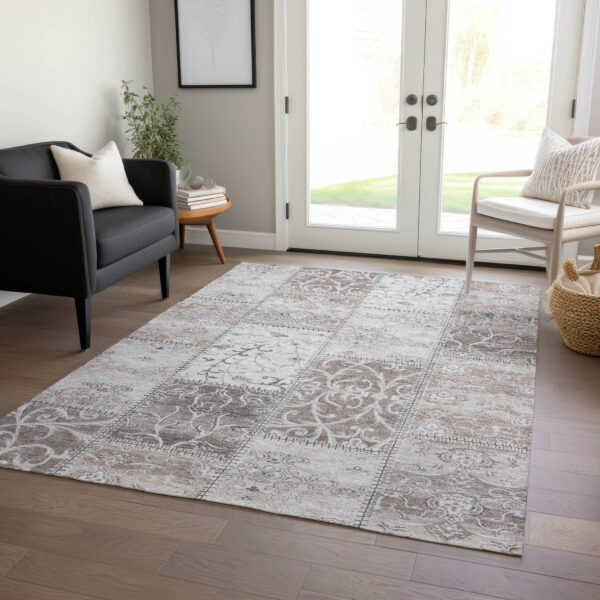 3' X 5' Taupe Patchwork Washable Indoor Outdoor Area Rug