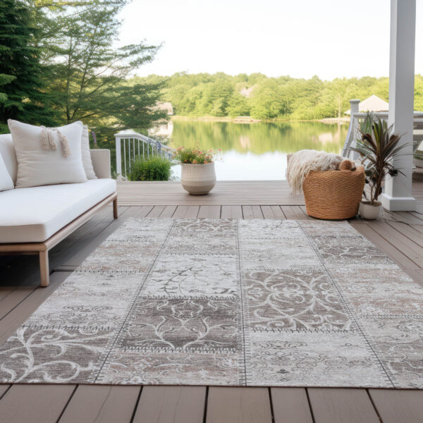 3' X 5' Taupe Patchwork Washable Indoor Outdoor Area Rug