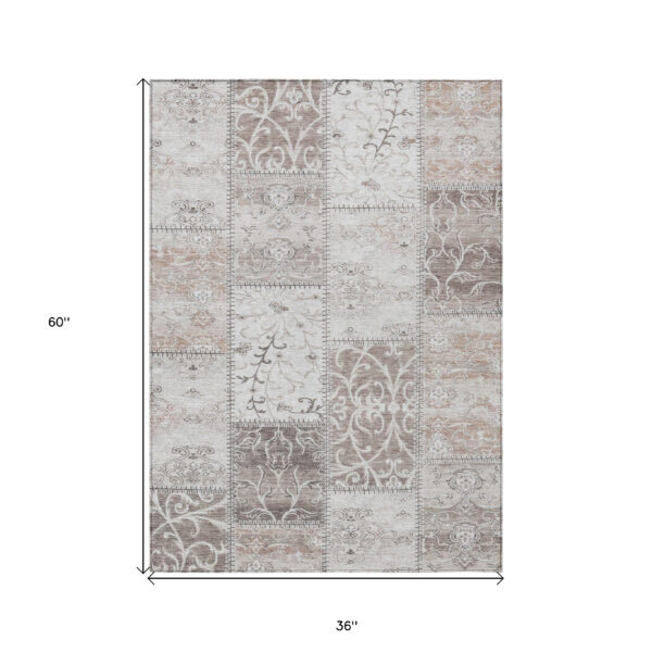 3' X 5' Taupe Patchwork Washable Indoor Outdoor Area Rug