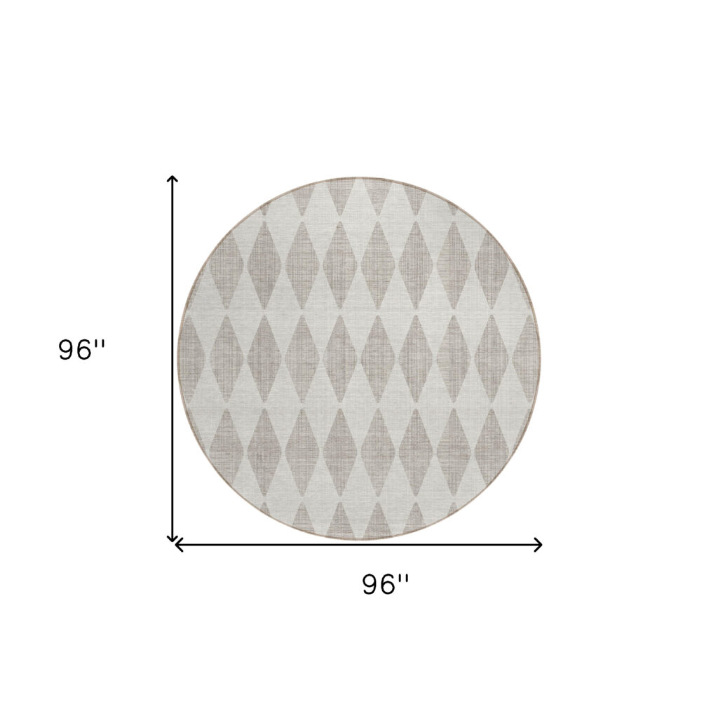 8' Beige Round Geometric Washable Indoor Outdoor Area Rug