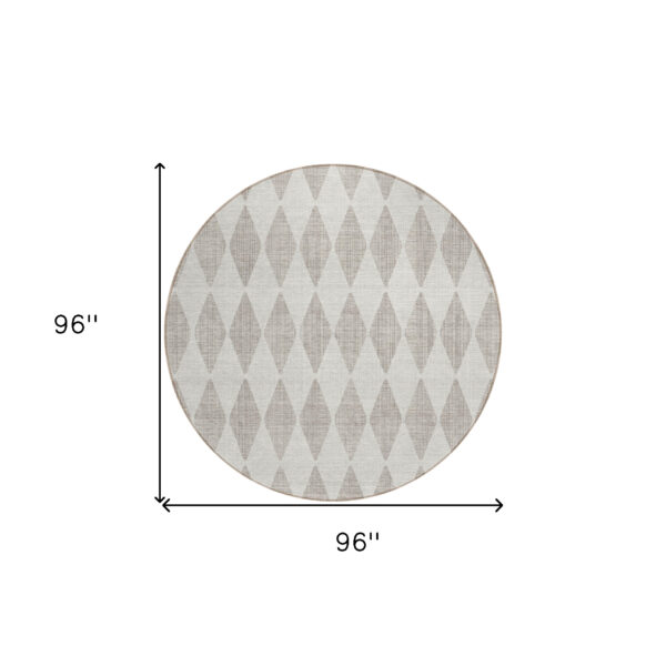 8' Beige Round Geometric Washable Indoor Outdoor Area Rug