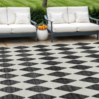 10' X 14' Black Geometric Washable Indoor Outdoor Area Rug