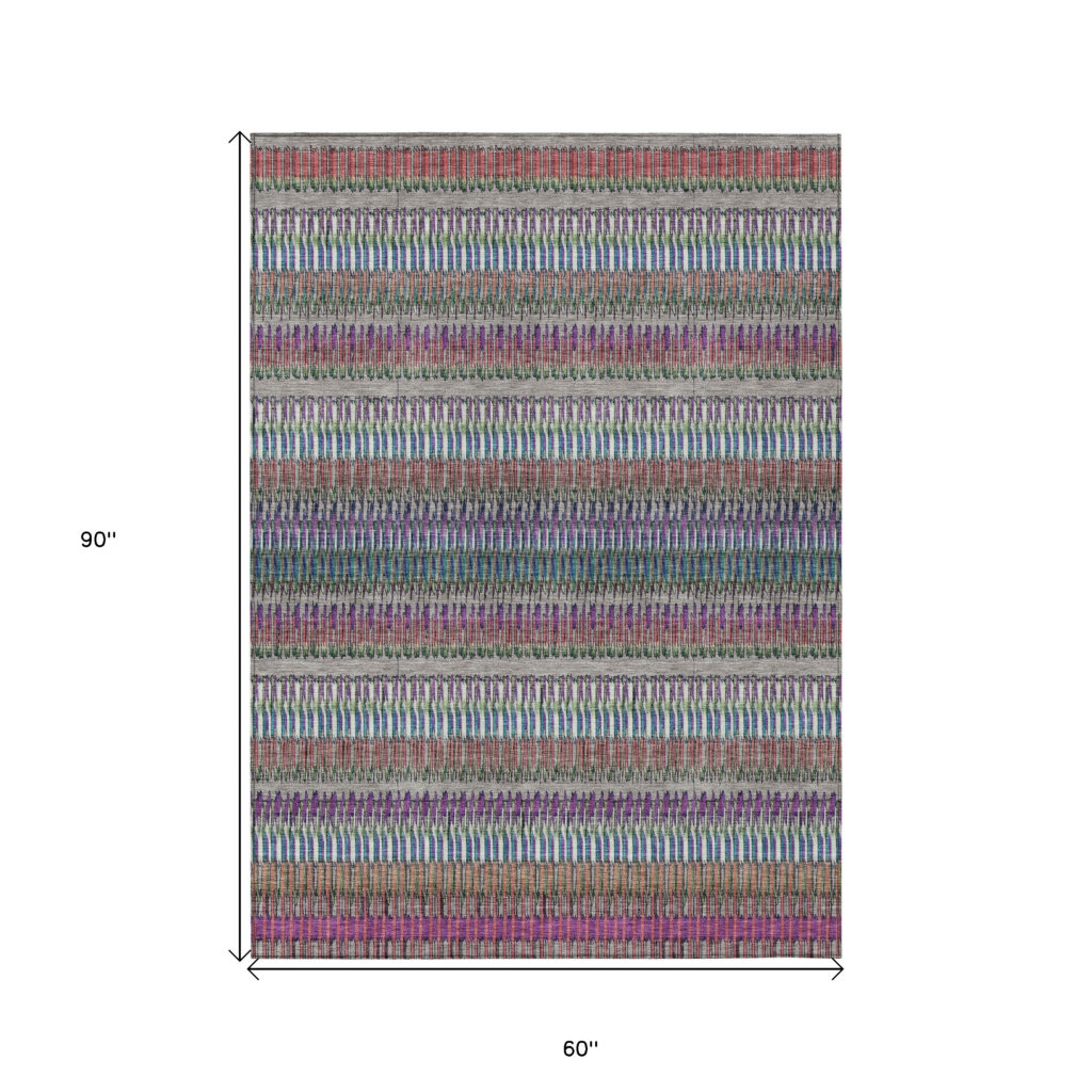 5' X 8' Taupe Purple And Blue Striped Washable Indoor Outdoor Area Rug
