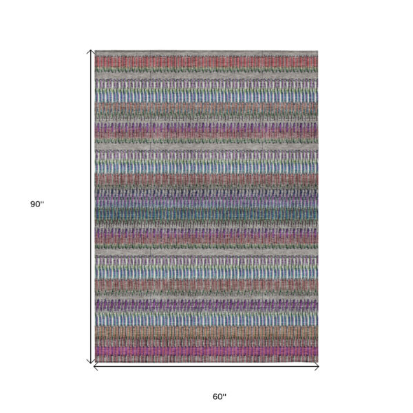 5' X 8' Taupe Purple And Blue Striped Washable Indoor Outdoor Area Rug