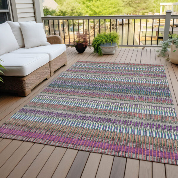 5' X 8' Taupe Purple And Blue Striped Washable Indoor Outdoor Area Rug
