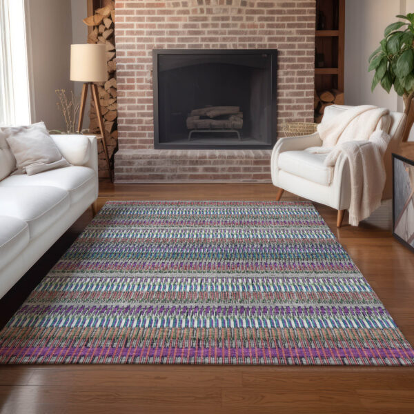 5' X 8' Taupe Purple And Blue Striped Washable Indoor Outdoor Area Rug