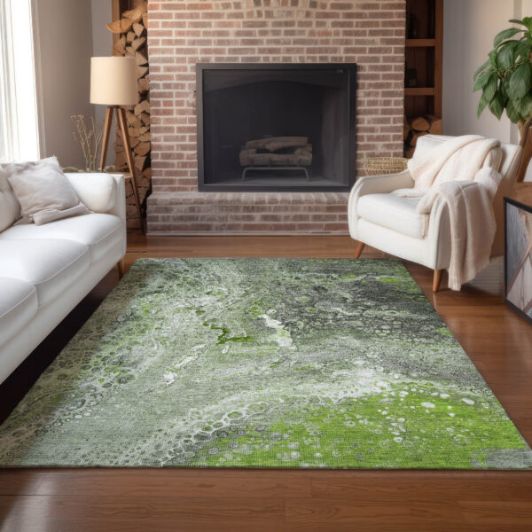 3' X 5' Artichoke Green And Ivory Abstract Washable Indoor Outdoor Area Rug