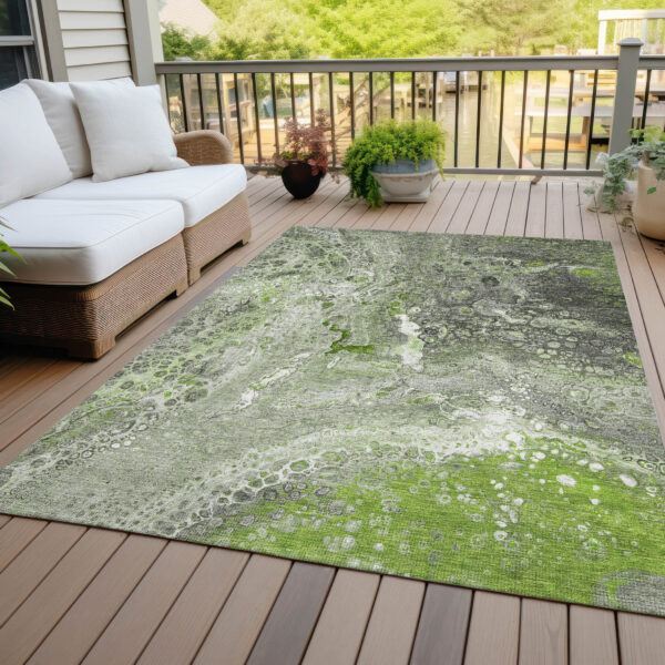 3' X 5' Artichoke Green And Ivory Abstract Washable Indoor Outdoor Area Rug