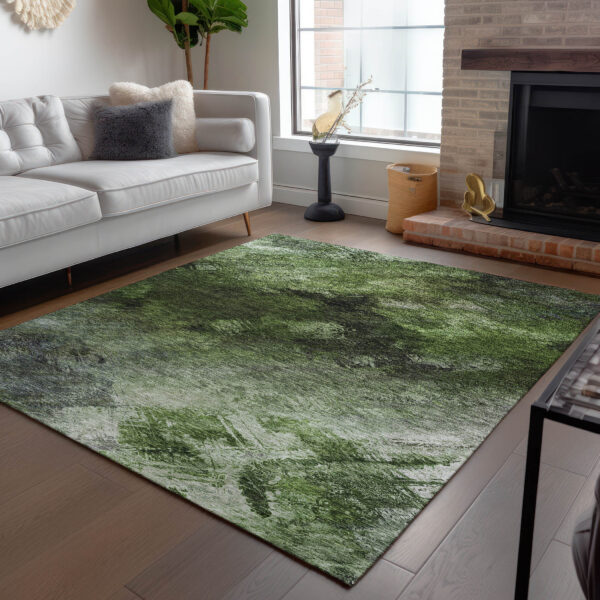 9' X 12' Green And Ivory Abstract Washable Indoor Outdoor Area Rug