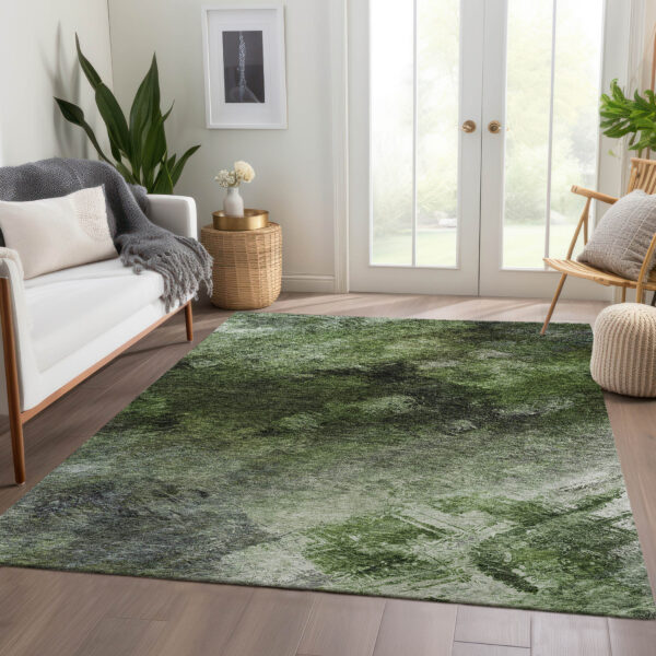 9' X 12' Green And Ivory Abstract Washable Indoor Outdoor Area Rug