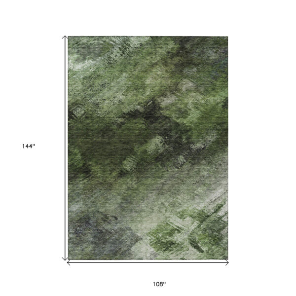 9' X 12' Green And Ivory Abstract Washable Indoor Outdoor Area Rug