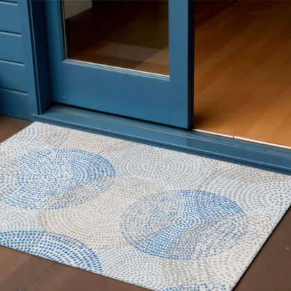 3' X 5' Ivory Blue And Taupe Polka Dot Washable Indoor Outdoor Area Rug