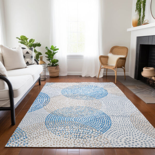 3' X 5' Ivory Blue And Taupe Polka Dot Washable Indoor Outdoor Area Rug