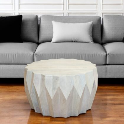 32" Off White Solid Wood Round Block Coffee Table