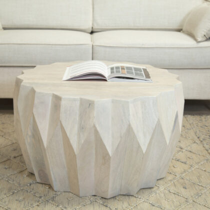 32" Off White Solid Wood Round Block Coffee Table