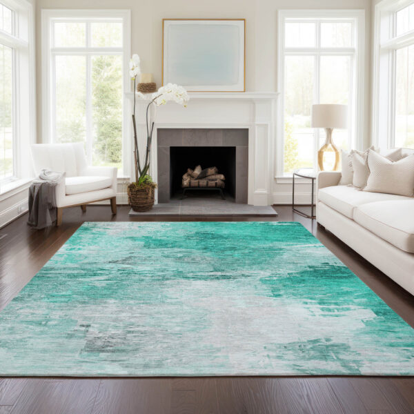 5' X 8' Teal Blue Aqua And Silver Abstract Washable Indoor Outdoor Area Rug