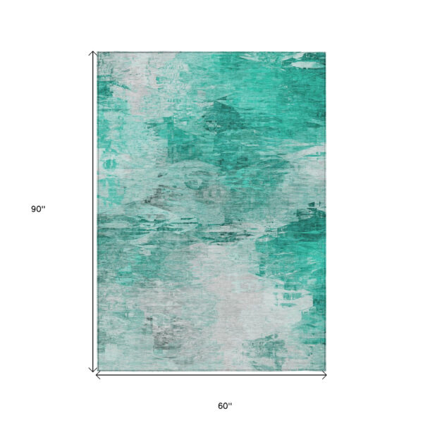 5' X 8' Teal Blue Aqua And Silver Abstract Washable Indoor Outdoor Area Rug