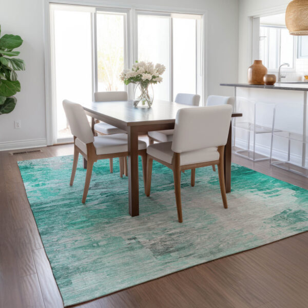 5' X 8' Teal Blue Aqua And Silver Abstract Washable Indoor Outdoor Area Rug