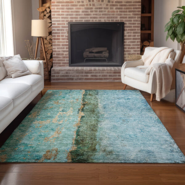 3' X 5' Blue And Gold Abstract Washable Indoor Outdoor Area Rug