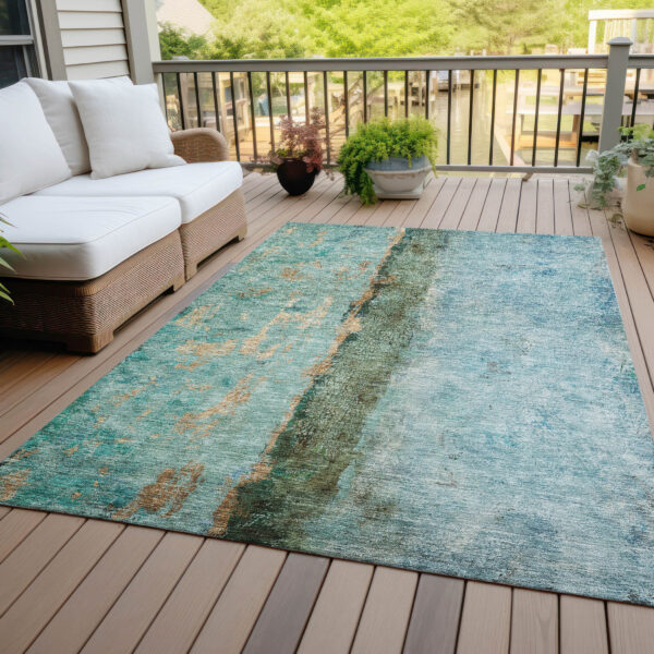 3' X 5' Blue And Gold Abstract Washable Indoor Outdoor Area Rug