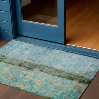3' X 5' Blue And Gold Abstract Washable Indoor Outdoor Area Rug