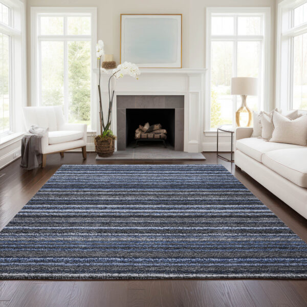 9' X 12' Denim Blue And Gray Striped Washable Indoor Outdoor Area Rug