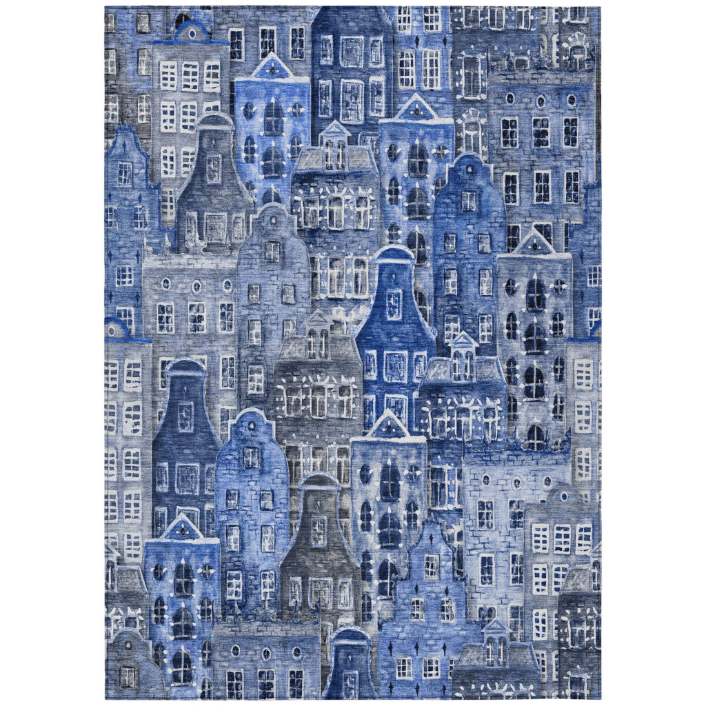 9' X 12' Navy Blue And Sky Blue Village Houses Washable Indoor Outdoor Area Rug