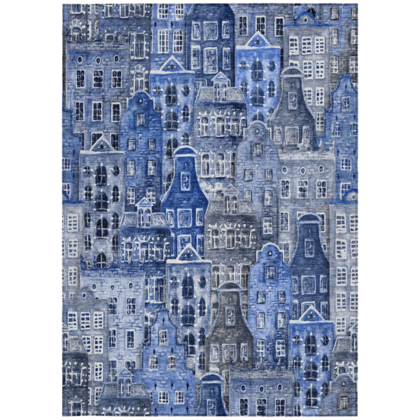 9' X 12' Navy Blue And Sky Blue Village Houses Washable Indoor Outdoor Area Rug