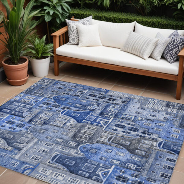9' X 12' Navy Blue And Sky Blue Village Houses Washable Indoor Outdoor Area Rug