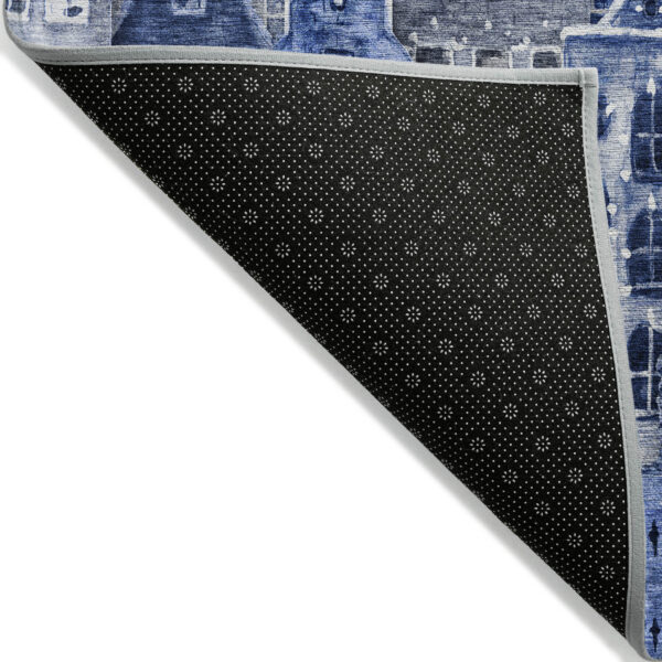 9' X 12' Navy Blue And Sky Blue Village Houses Washable Indoor Outdoor Area Rug