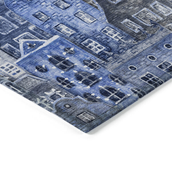 9' X 12' Navy Blue And Sky Blue Village Houses Washable Indoor Outdoor Area Rug