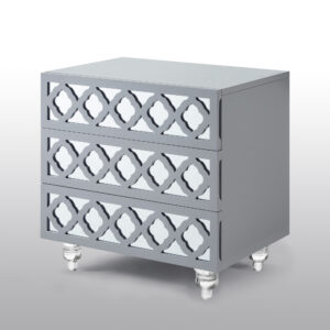 24" Light Gray And Mirrored Glass Wood Cutwork End Table With Three Drawers