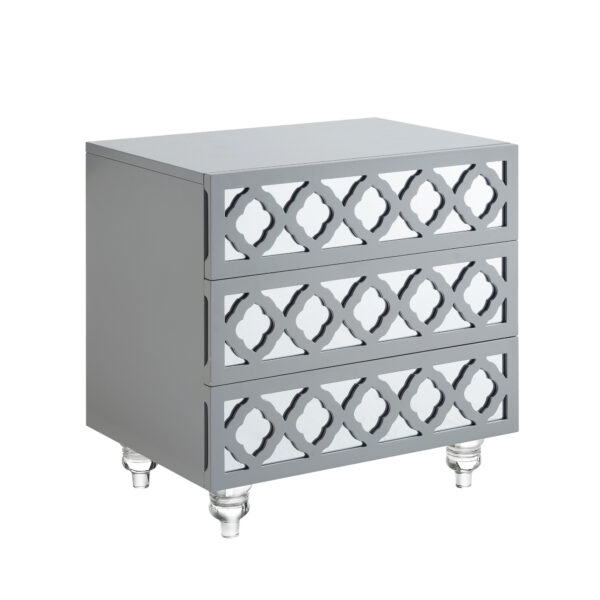 24" Light Gray And Mirrored Glass Wood Cutwork End Table With Three Drawers