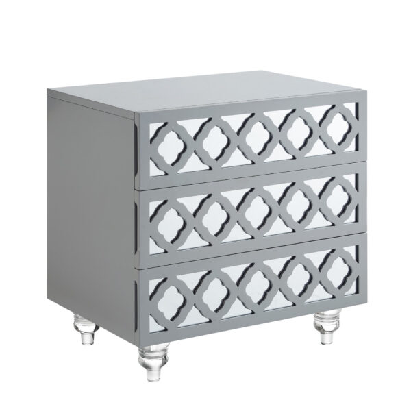 24" Light Gray And Mirrored Glass Wood Cutwork End Table With Three Drawers