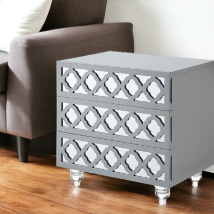 24" Light Gray And Mirrored Glass Wood Cutwork End Table With Three Drawers