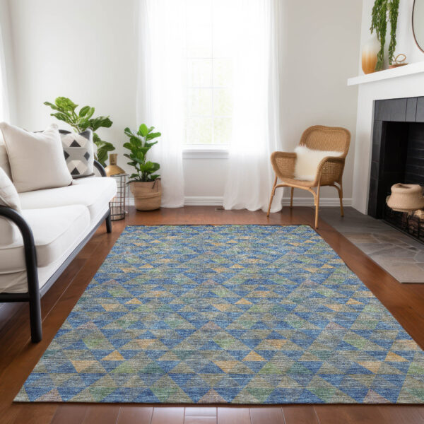 10' X 14' Sky Blue And Gray Geometric Washable Indoor Outdoor Area Rug
