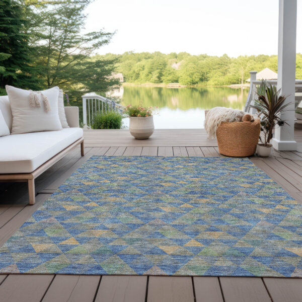 10' X 14' Sky Blue And Gray Geometric Washable Indoor Outdoor Area Rug