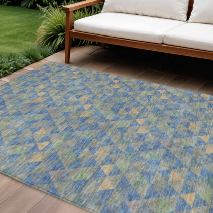 10' X 14' Sky Blue And Gray Geometric Washable Indoor Outdoor Area Rug