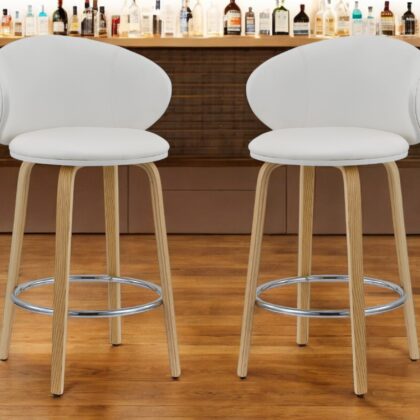 Set of Two 26" White and Brown Faux Leather and Solid Wood Low Back Counter Height Bar Chairs