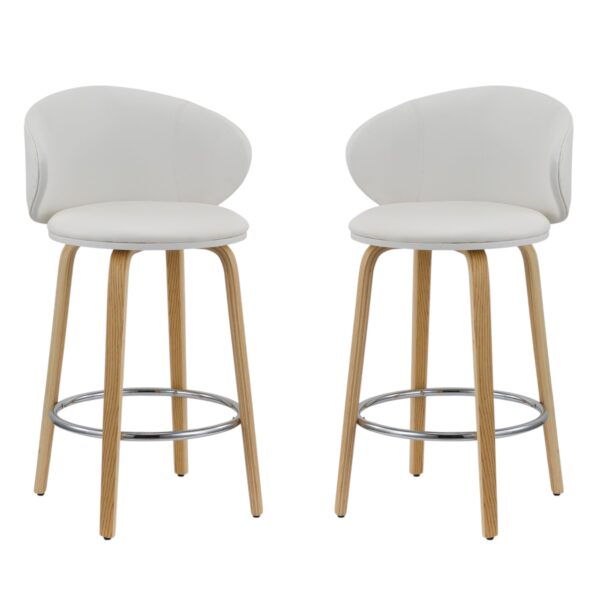 Set of Two 26" White and Brown Faux Leather and Solid Wood Low Back Counter Height Bar Chairs
