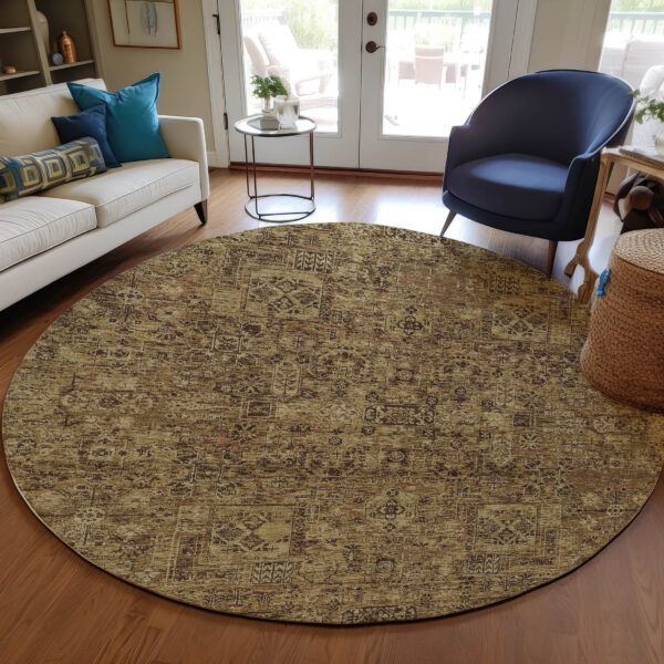 8' Brown And Taupe Round Floral Washable Indoor Outdoor Area Rug