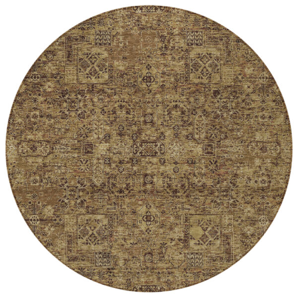 8' Brown And Taupe Round Floral Washable Indoor Outdoor Area Rug