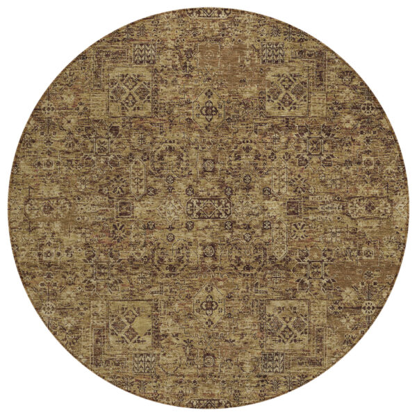 8' Brown And Taupe Round Floral Washable Indoor Outdoor Area Rug