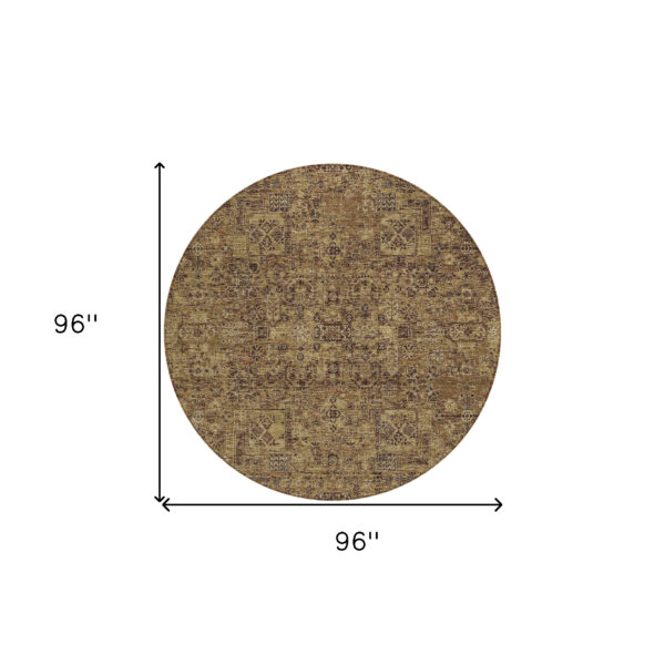 8' Brown And Taupe Round Floral Washable Indoor Outdoor Area Rug