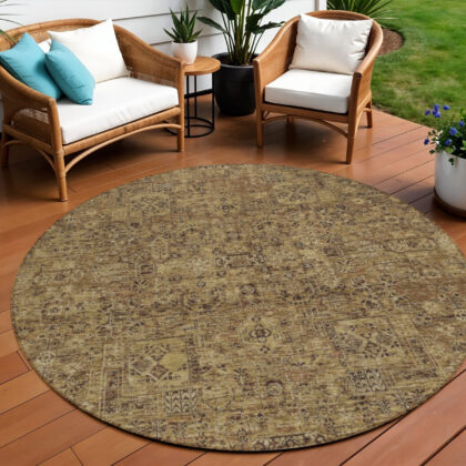 8' Brown And Taupe Round Floral Washable Indoor Outdoor Area Rug