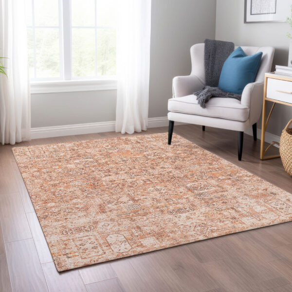 3' X 5' Salmon Orange And Gray Floral Washable Indoor Outdoor Area Rug