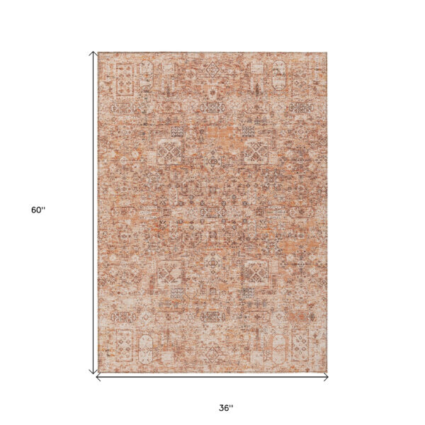 3' X 5' Salmon Orange And Gray Floral Washable Indoor Outdoor Area Rug