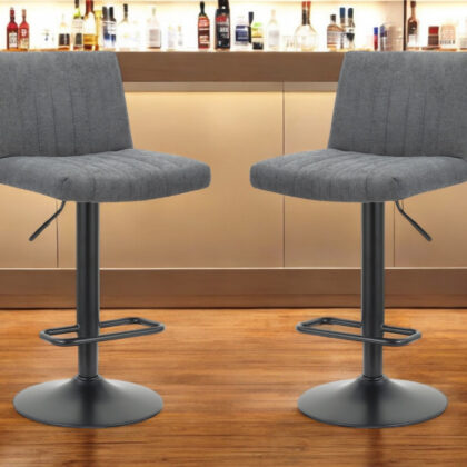 Set of Two Gray and Black Fabric and Metal Low Back Adjustable Height Bar Chairs