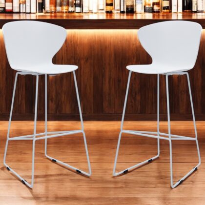Set of Two 30" White and Silver Heavy Duty Plastic and Metal Low Back Bar Height Bar Chairs