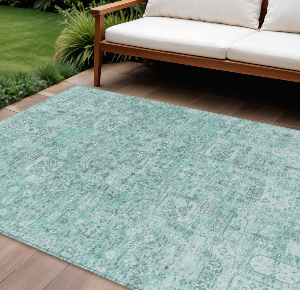 8' X 10' Teal Blue Aqua And Gray Floral Washable Indoor Outdoor Area Rug